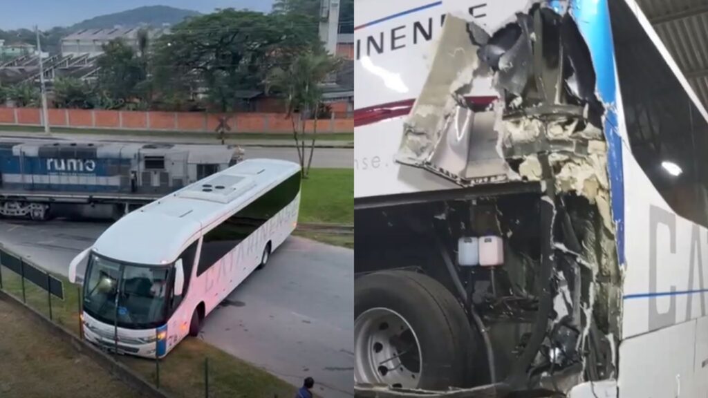 Trem colide com ônibus em Joinville e quase atinge pedestre