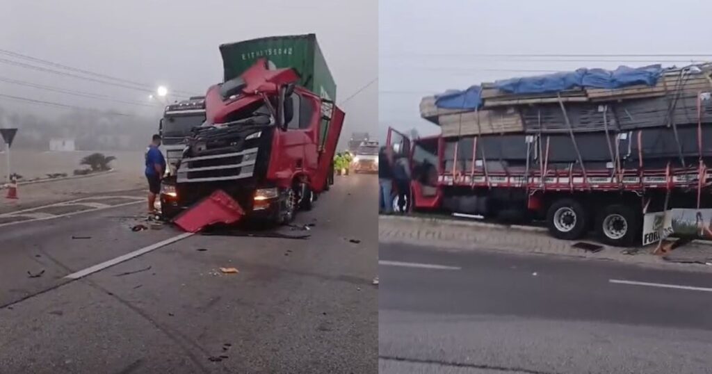 Acidente entre caminhão e carreta provoca congestionamento de 8 km na BR-101 em SC