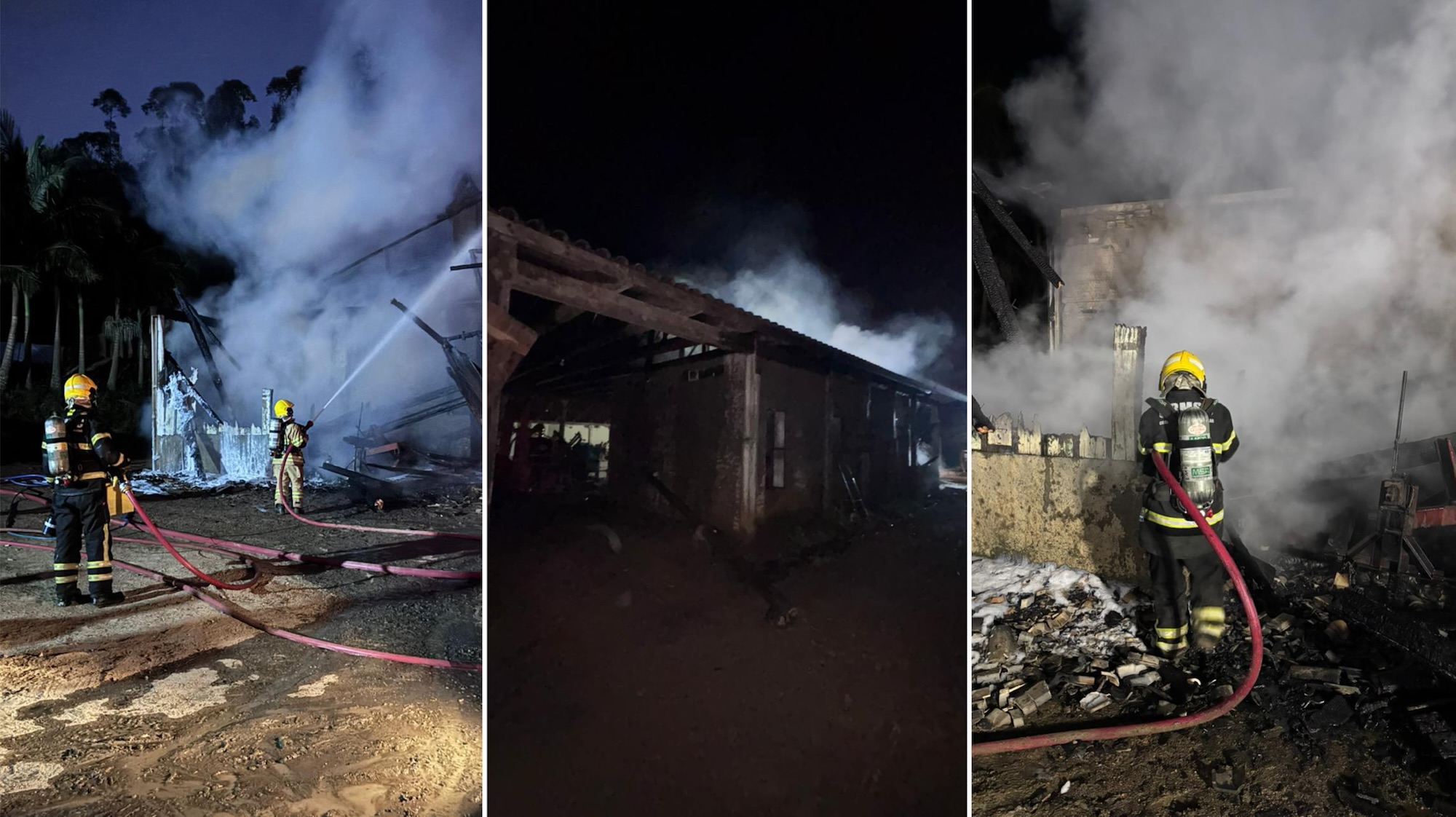 Incêndio destrói estufa de milho e provoca colapso parcial de galpão no Sul de SC: “por pouco não foi uma tragédia”