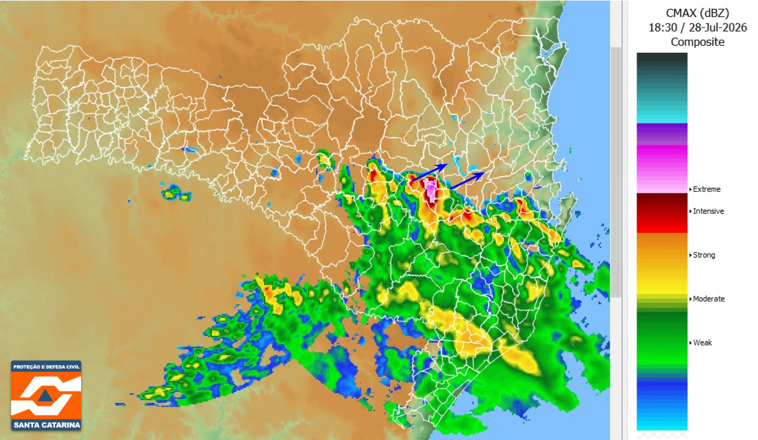 NOTA METEOROLÓGICA SDC/SC 28/07 - Temporais provocaram rajadas de vento e queda de granizo em SC na tarde desta terça-feira (28)