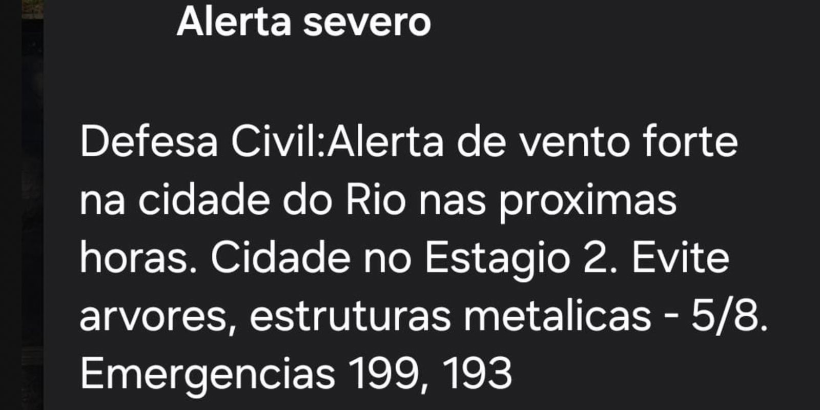 Defesa Civil do Rio envia alerta severo para ventos fortes