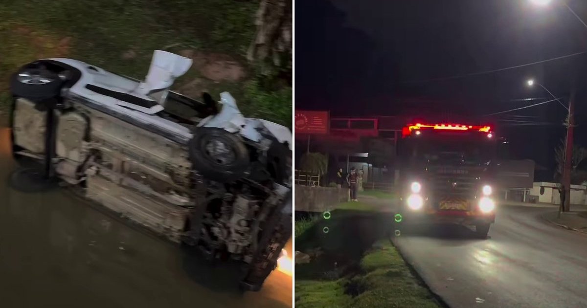 Carro com três crianças e dois adultos cai em ribeirão durante a noite em Brusque