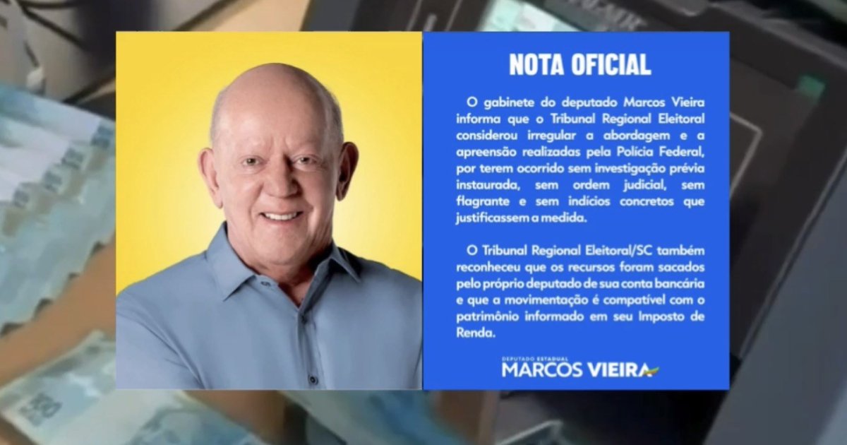 Flagrado com R$ 500 mil, deputado de SC diz que o TRE considerou a apreensão da PF irregular