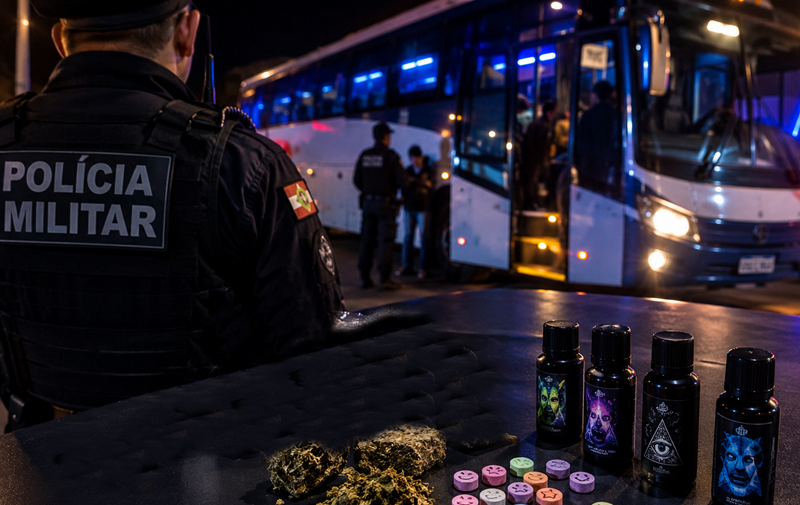 PM apreende drogas em ônibus que ia para festa rave durante blitz em Canoinhas