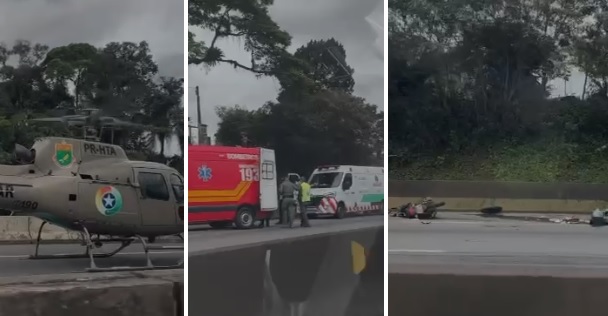 Roda se solta de caminhão, atinge motocicleta e deixa duas pessoas feridas em Joinville
